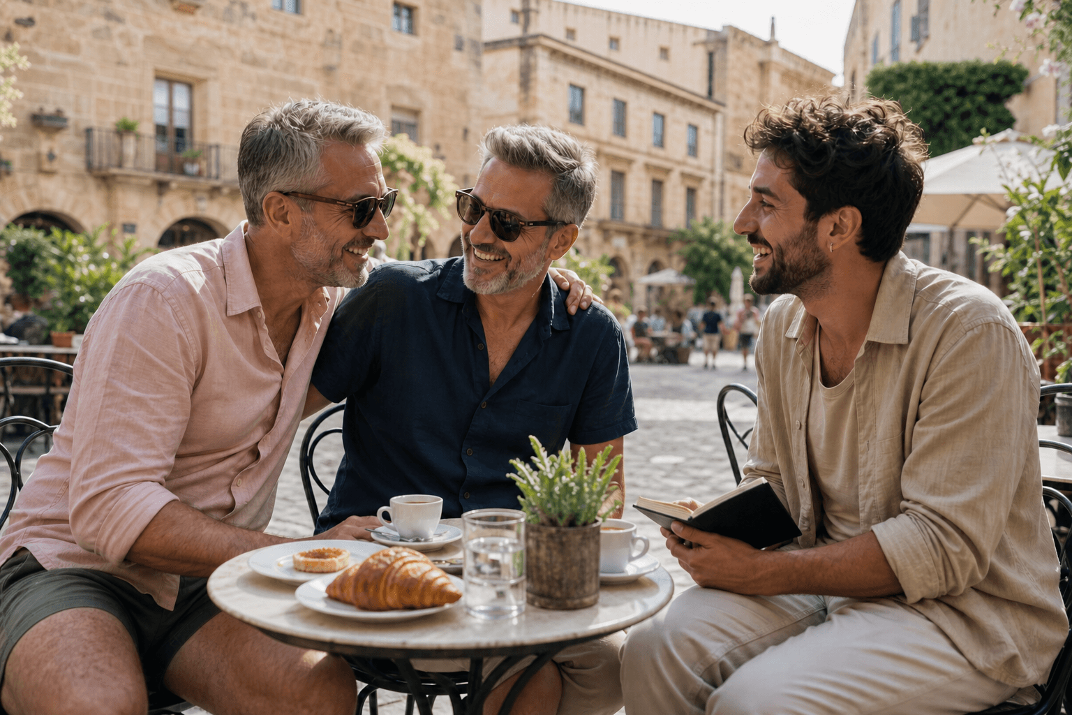 Travelers getting to know a local guide over coffee