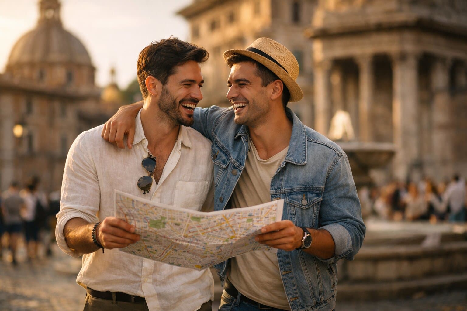 Two travelers enjoying a city together