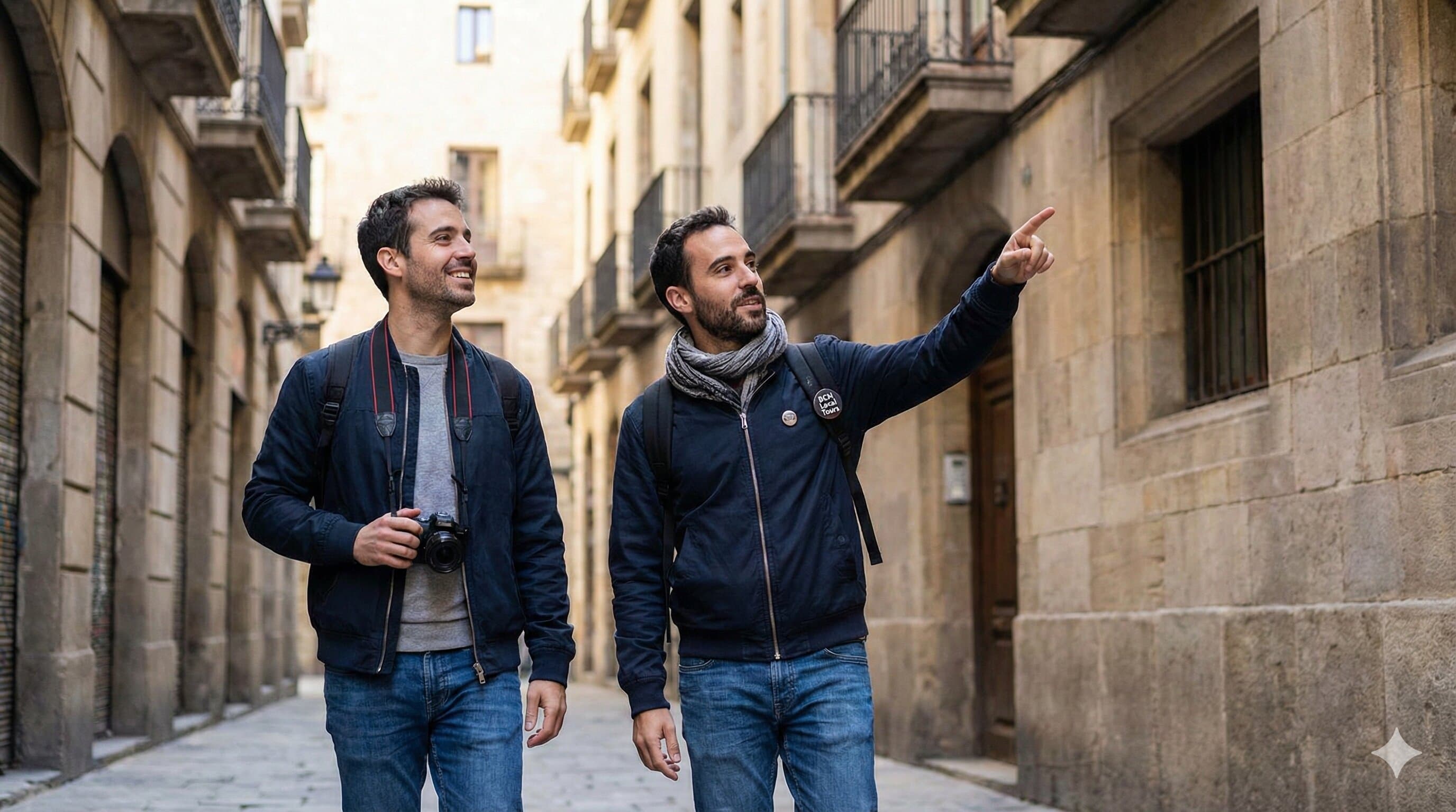A local guide sharing city stories with a traveler