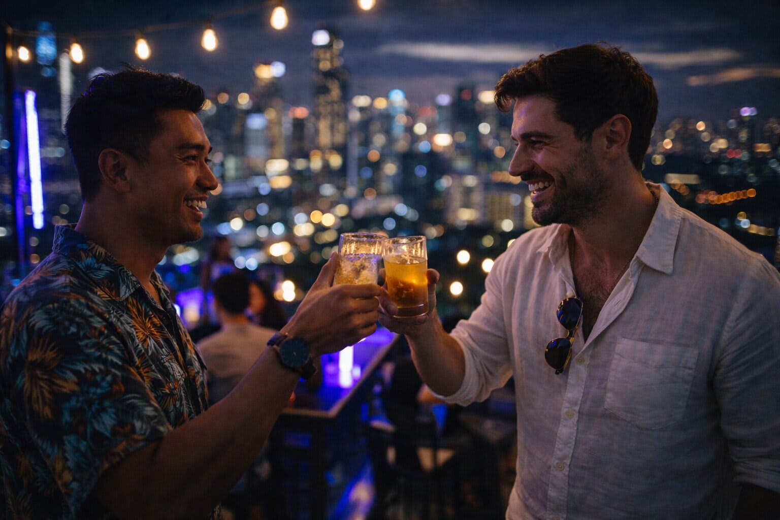 Friends toasting drinks on a rooftop bar at night with city lights in background