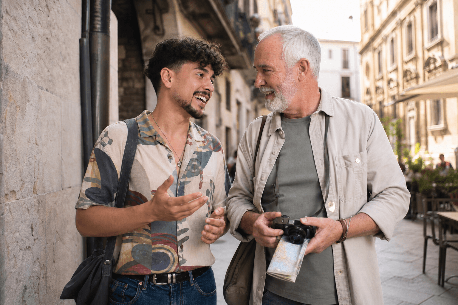 A traveler exploring a city with a local guide