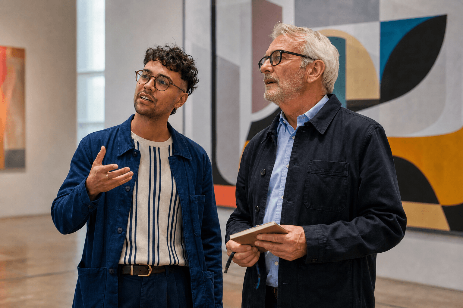 A traveler talking with a local guide in a gallery