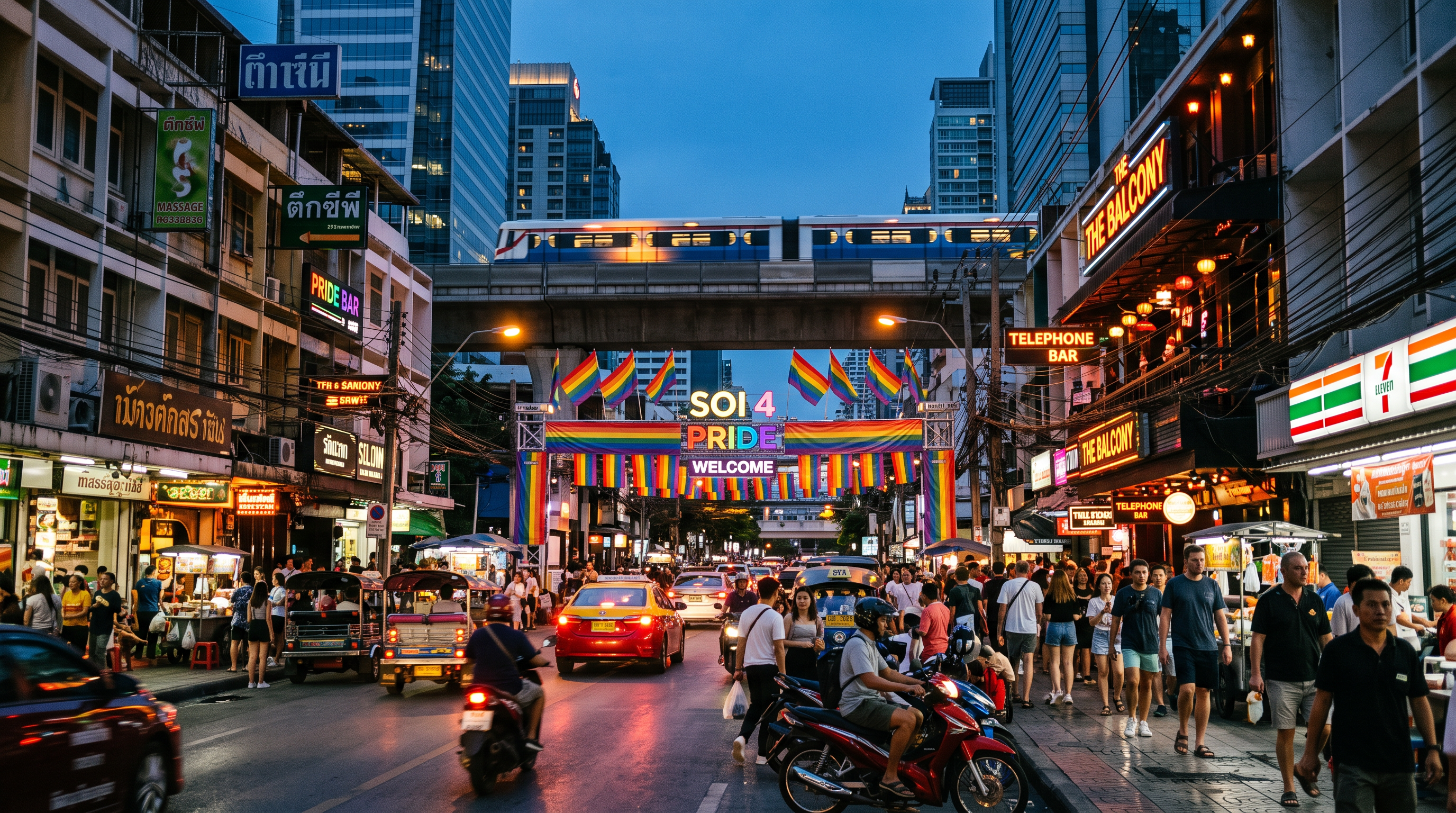 The entrance to Silom Soi 4, Bangkok's gay district, with the BTS Skytrain passing overhead and rainbow flags marking the strip.