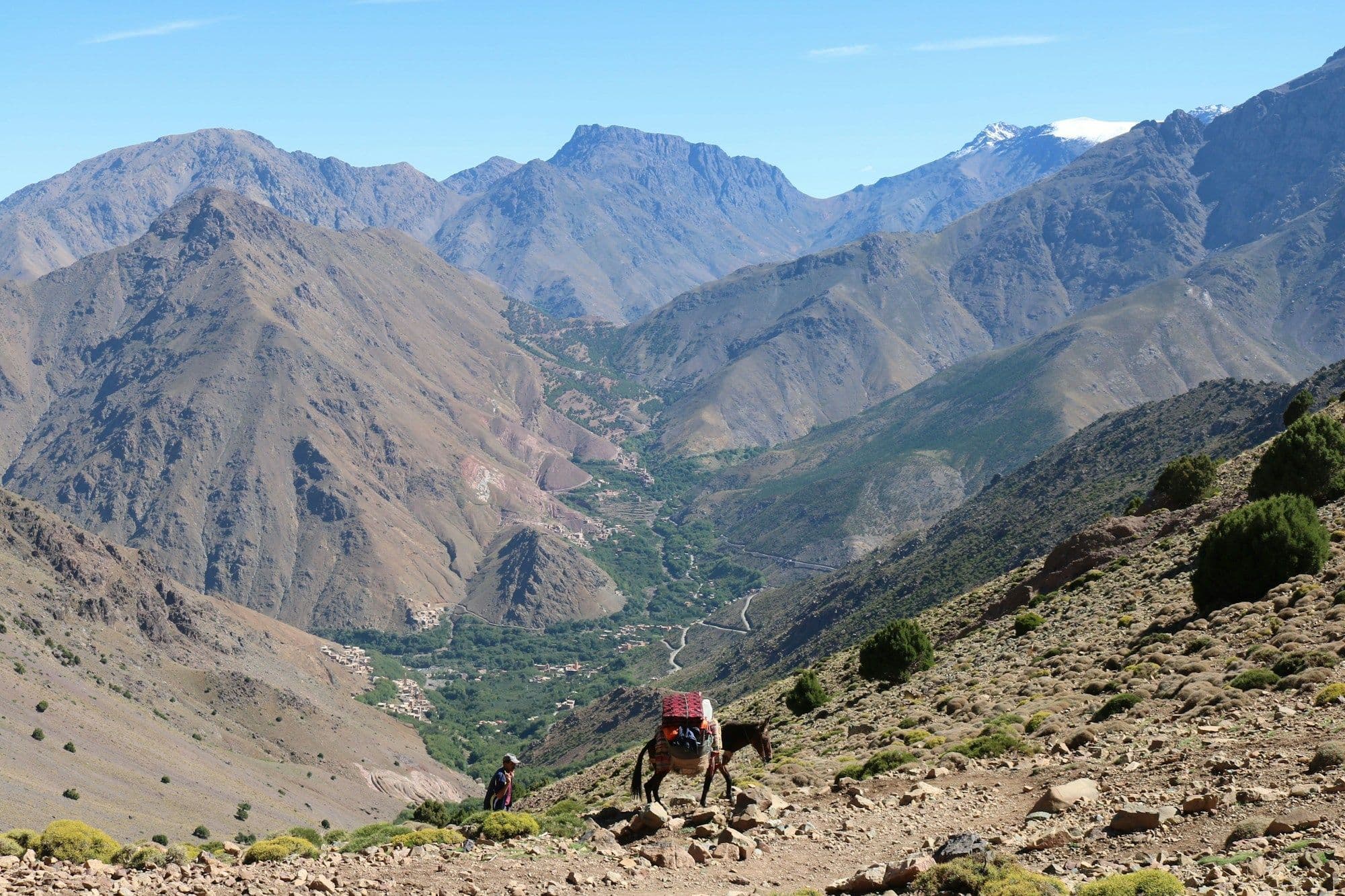 A man leads a laden mule along a stony trail high in the Atlas Mountains, above a green valley.