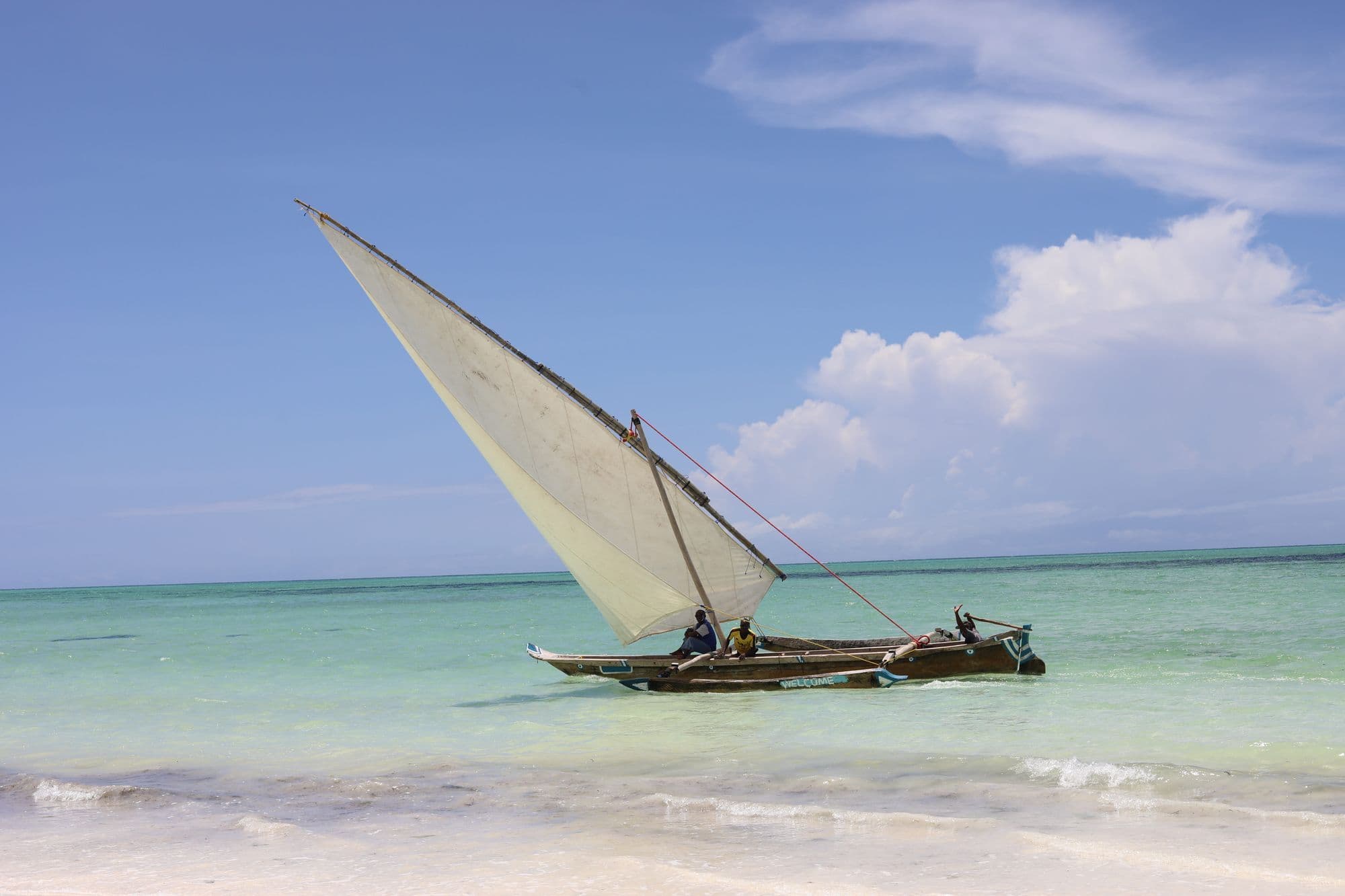 A traditional dhow with a large white sail on turquoise water close to a white-sand beach in Zanzibar under a blue sky.