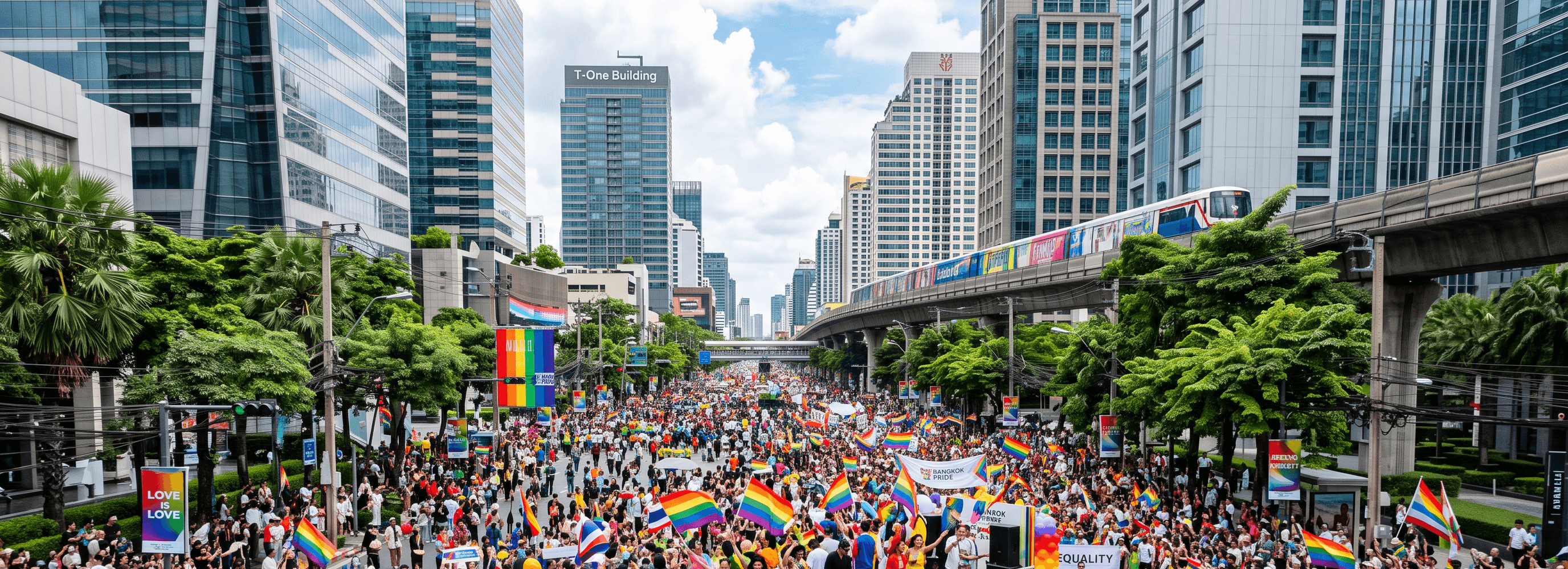 A massive Bangkok Pride crowd filling a major road lined with high-rises, waving rainbow flags beneath the BTS Skytrain.