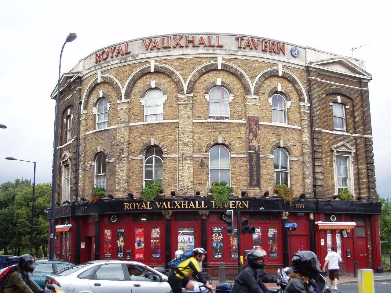 The curved Victorian frontage of the Royal Vauxhall Tavern on a street corner in Vauxhall.