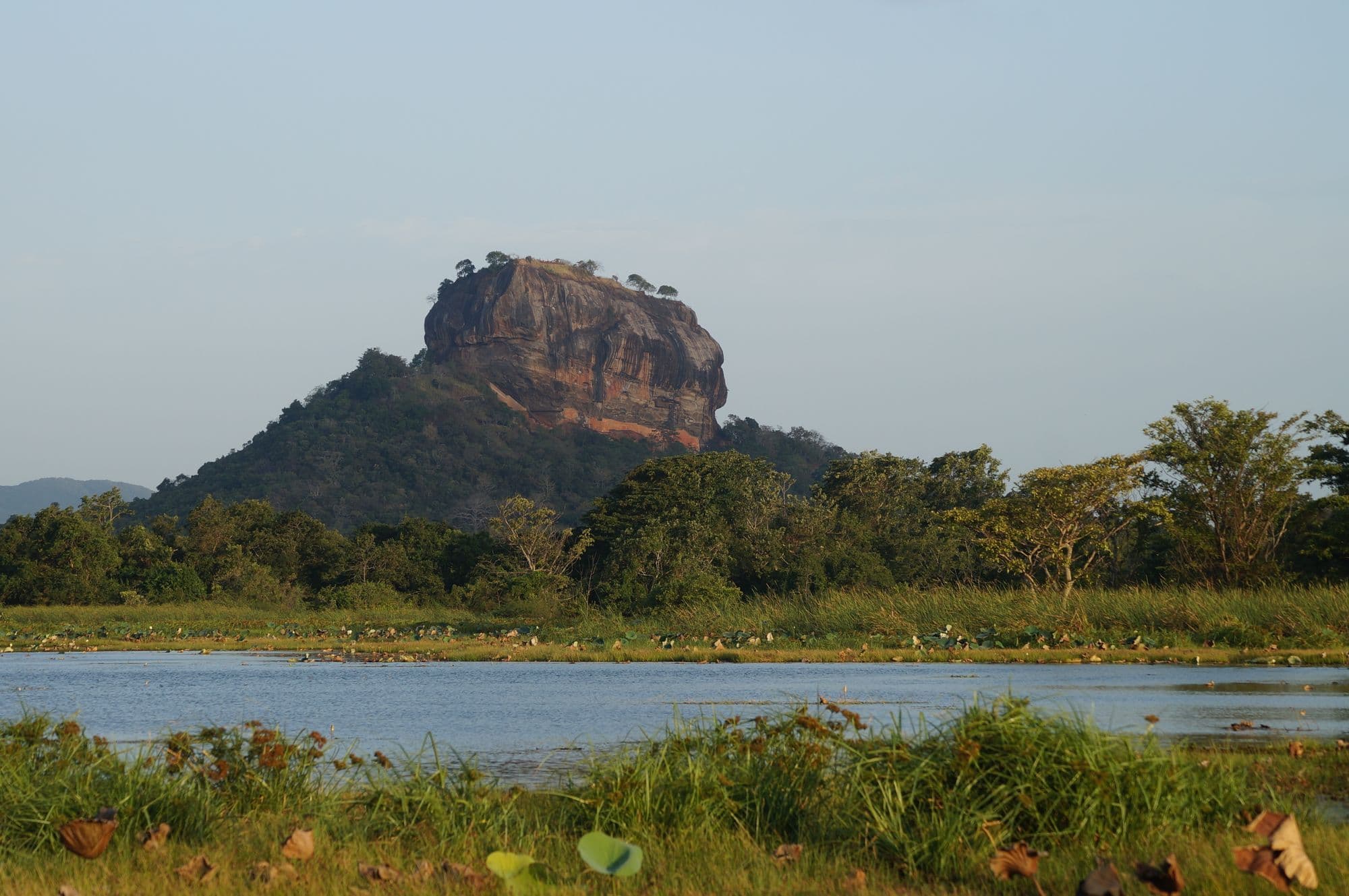 The flat-topped red rock of Sigiriya rising above trees on the far side of a calm lake under a pale morning sky.