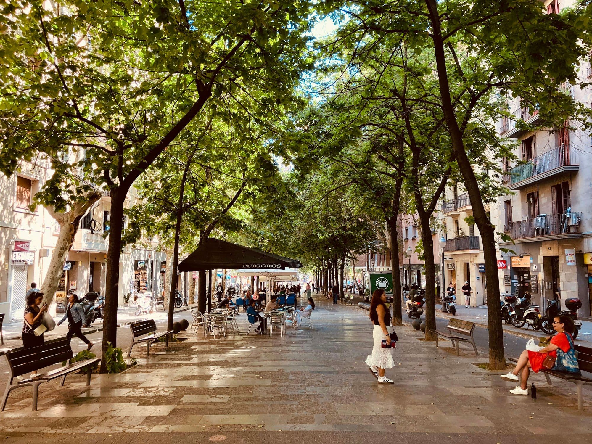 A pedestrian boulevard in Barcelona's Eixample shaded by plane trees, with benches, a kiosk and people strolling.