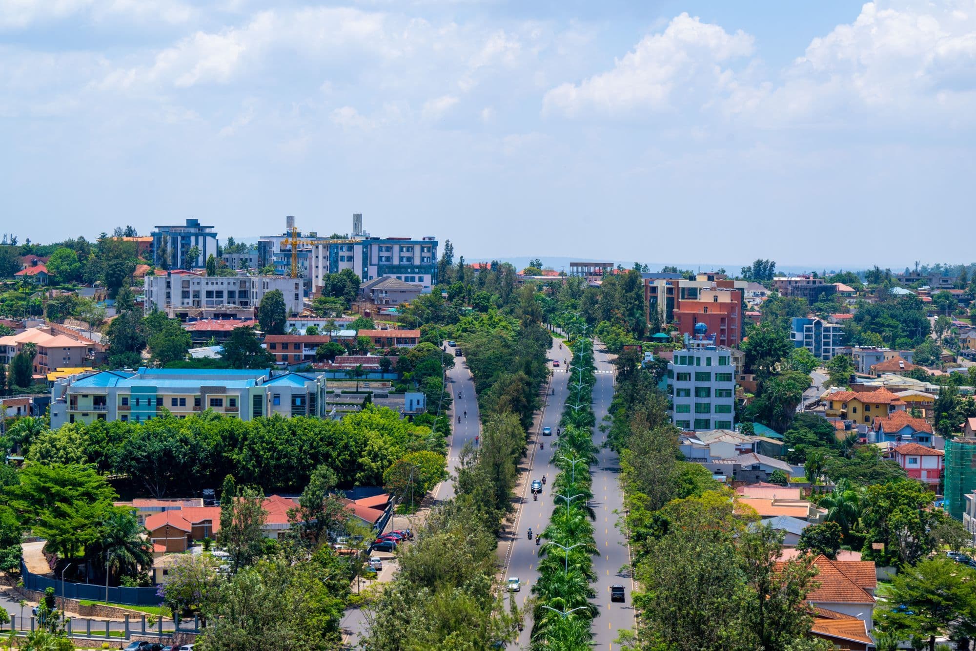 A tree-lined boulevard with a green central reservation running through Kigali, with hillside buildings under a blue sky.