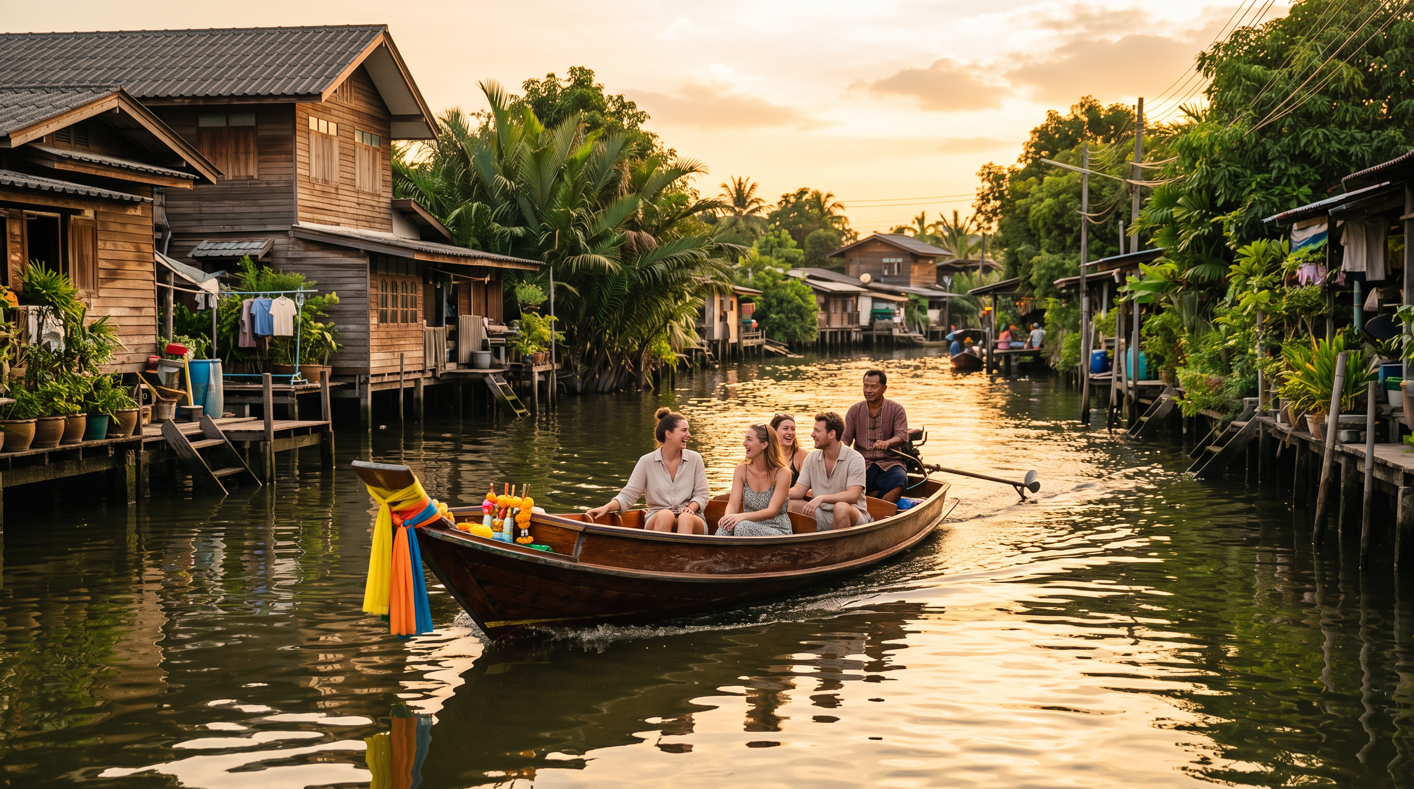 A private long-tail boat navigating the narrow Thonburi canals past wooden stilt houses in Bangkok at golden hour.
