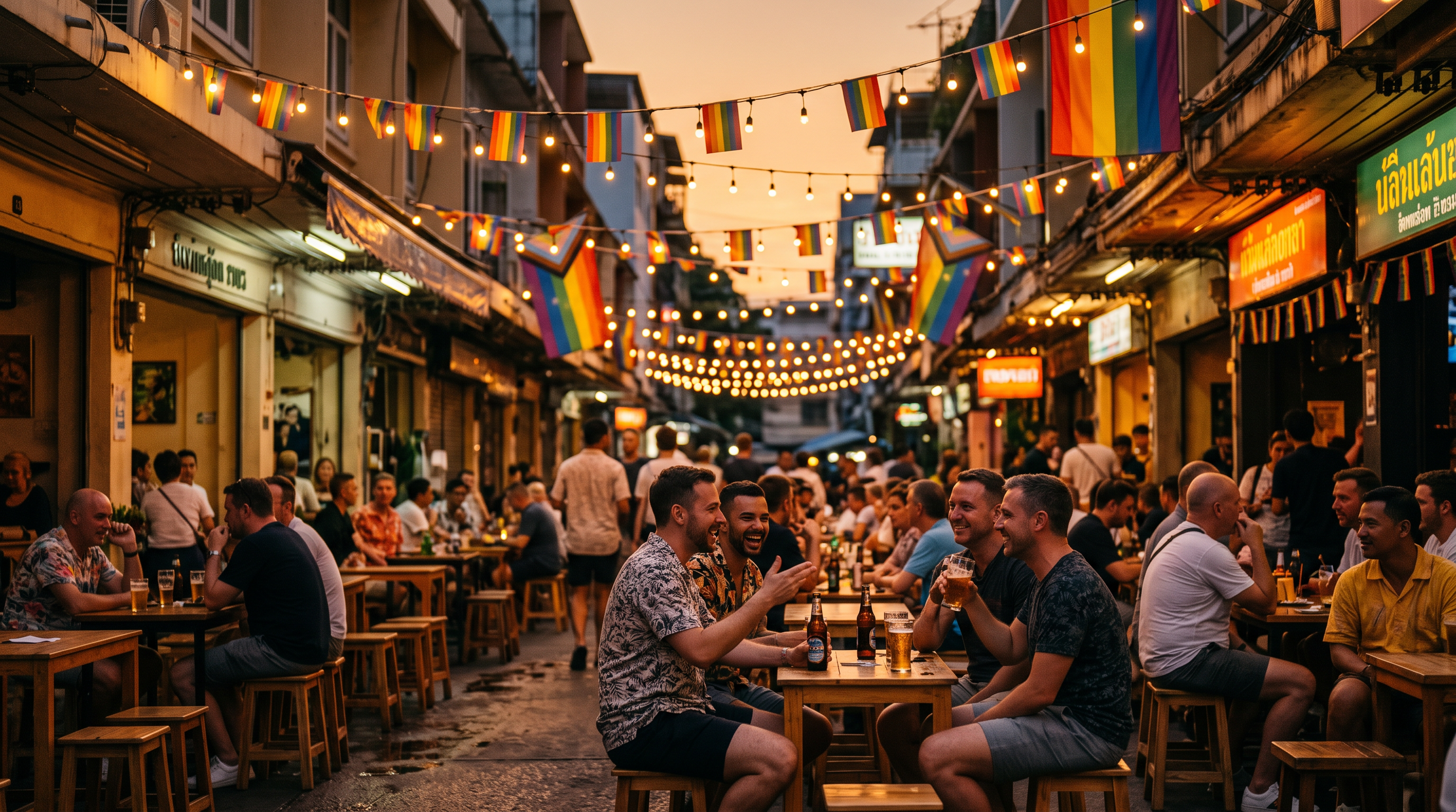 Open-air terrace bars on Silom Soi 4, Bangkok's gay street, with rainbow flags and a relaxed evening crowd.