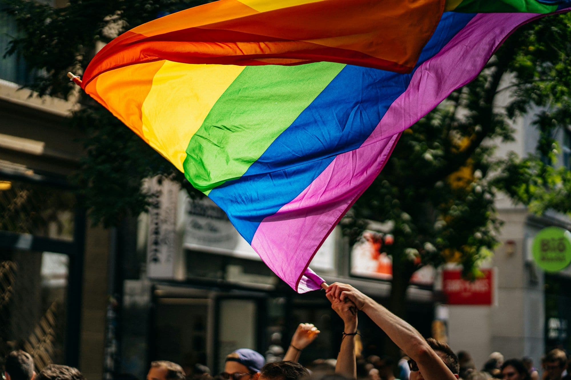 A group of marchers hold rainbow flags above a crowd on a sunny city street.