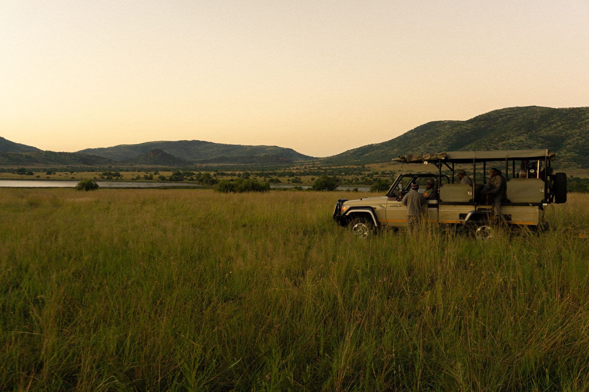 An open safari vehicle with passengers parked in long grass at dusk in Pilanesberg National Park, with hills behind.