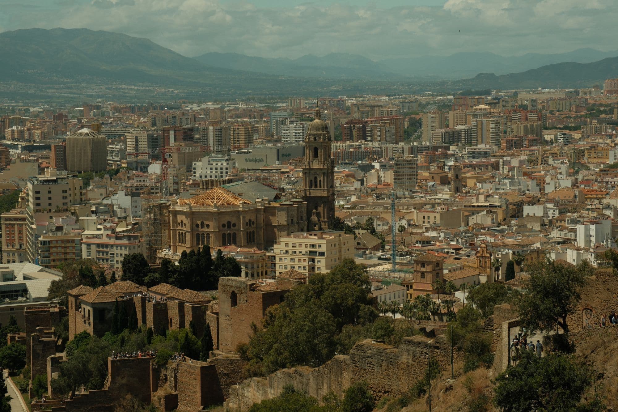 The tower and roofs of Málaga Cathedral rising above the old town, seen from the hill of the Alcazaba with mountains beyond.
